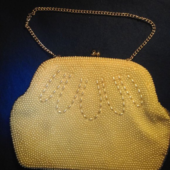 Japanese Faux Pearl Beaded Pinkish Beige Satin Lined Snap Clutch Evening Purse - Picture 1 of 17